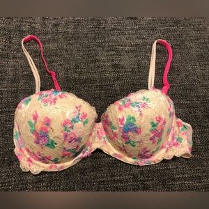 PINK Victoria’s Secret Floral Pattern Lace Bra with Pink Straps, Size 34C